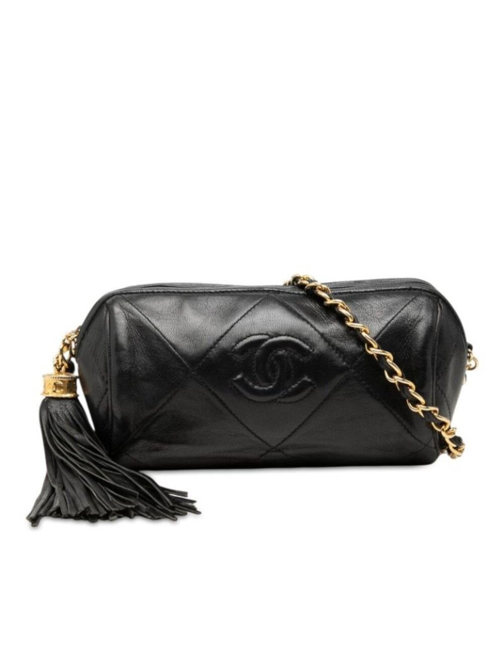 Chanel CC Logo Quilted Tassel Chain Shoulder Bag Black Gold Lambskin
